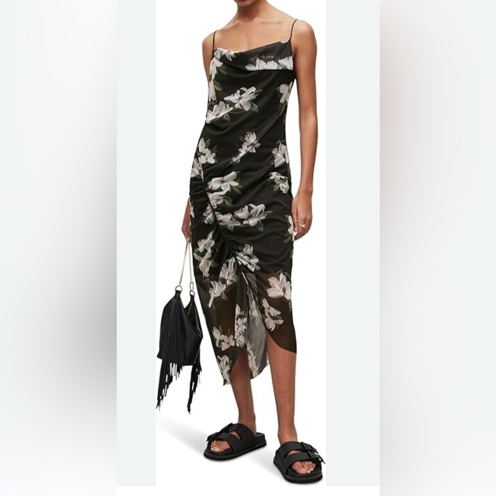 All Saints Midi Floral Asymmetrical Ulla  Alessandra  Black Sleeveless Dress Sz8